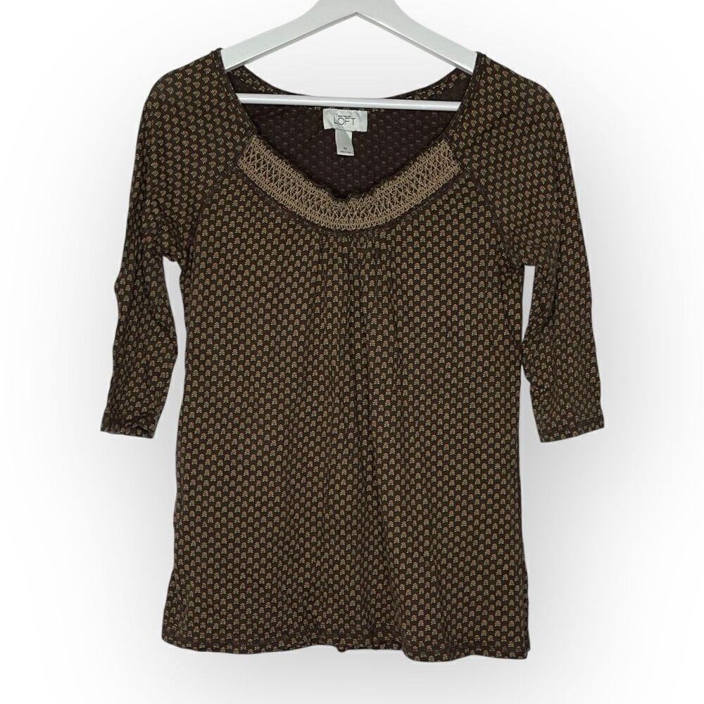 Ann Taylor Loft Brown Floral Smocked 3/4 Sleeve Top Blouse Women’s Size Medium